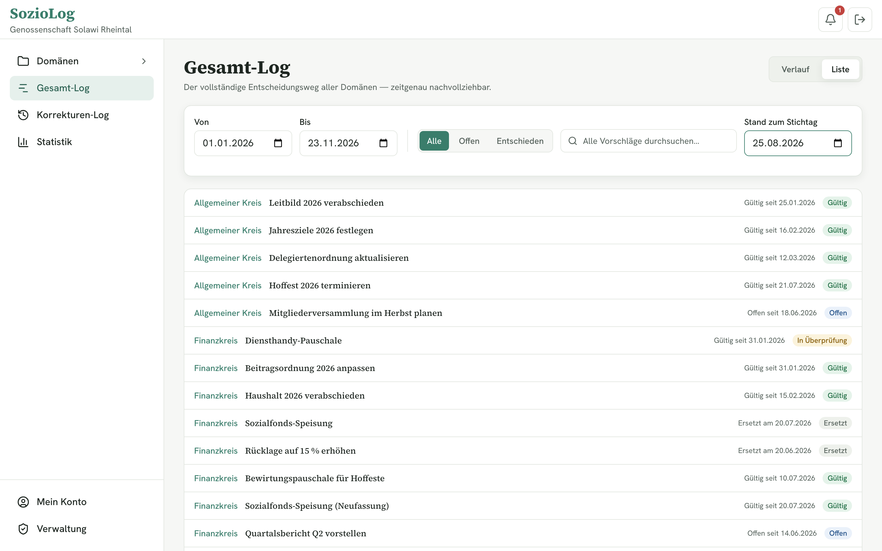 Gesamt-Log als Liste mit Domäne, Titel, Gültigkeitsdatum und Status: Gültig, In Überprüfung, Ersetzt oder Offen.