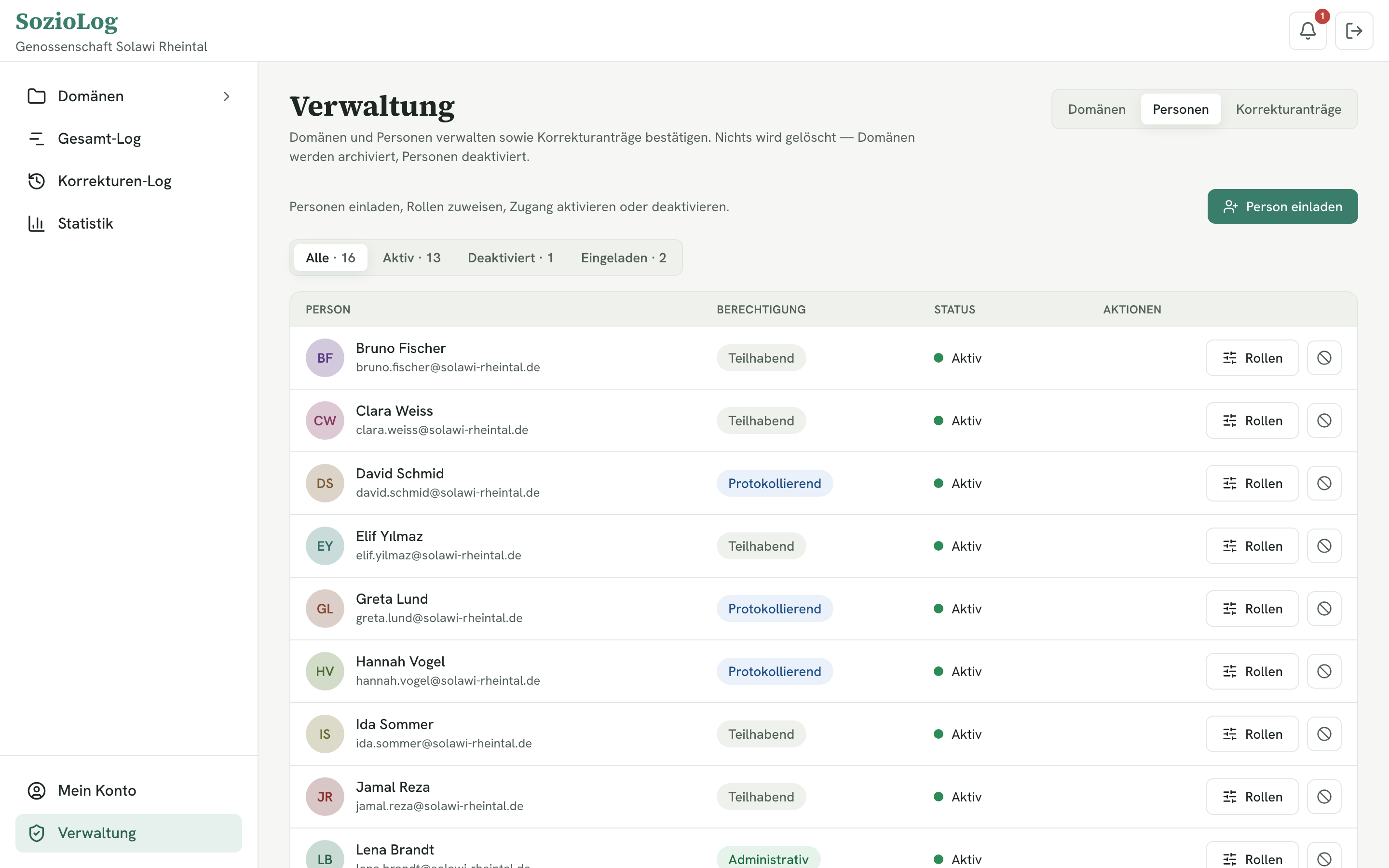 Personenverwaltung mit Filtern nach Alle, Aktiv, Deaktiviert und Eingeladen sowie der Berechtigung je Person.